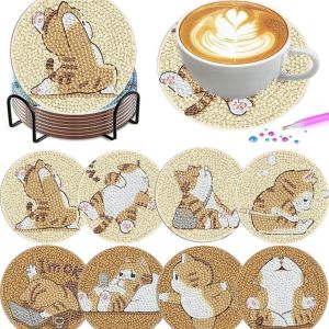 other | 8 Pieces/Set of Diamond Painted Coasters Set with Animal and Cat Patterns (With Holder) - DIY Diamond Art Craft Kit for Home Dec
