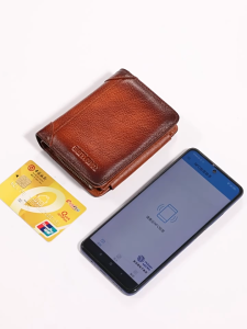 BANYANU Anti RFID Men Coin Purse Small Trifold Retro Cowhide Genuine Leather Wallet for Man