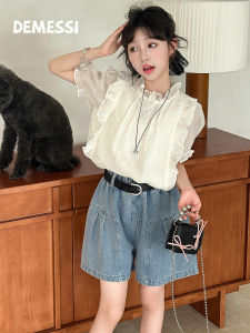 Lightweight Girls Short Sleeve Shirt and Denim Shorts Set
