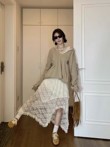 Early Autumn American Style Loose V-neck Sweatshirt Bandage Dress Lace Inner Match Skirt Two-piece Set Long Sleeves Coat Hoodie Tops
