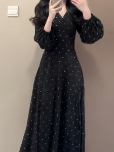 ZHENMANZI | French Style Black V-neck Polka Dot Long Sleeve Dress Waist Shaping