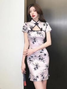 Slimming Retro Improved Version Cheongsam Dress Young 2025 Style Girl Wind Wrap around Skirt Polyester Fiber Short Sleeve