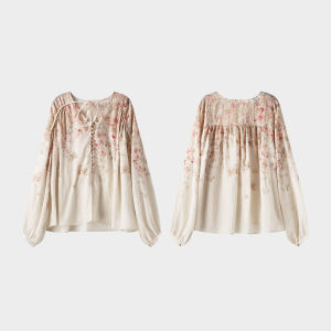 SUSHE | Digital Print Rose Bishop Sleeve French Country Style Pink Blouse