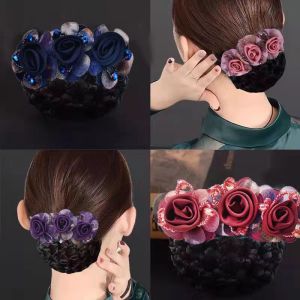 Three Little Flowers Beaded Hair Net Korean Fashion Elegant Hair Pin Hair Band Hair Accessories for Girls