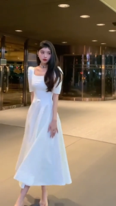 elegant retro midi white square neck dress French style formal sleeve long dress for woman church