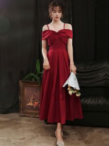 Red Wine Color Simple Wedding Dress Womens Style Summer Marriage Sling Polyester Fiber A-Line Skirt Long Dress