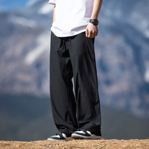 Ice Silk Drawstring Straight Leg Pants Mens Casual Loose Fit Breathable Thin Wide Leg Trousers Spring Summer Youth Fashion