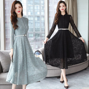 Elegant Long Sleeve Lace Dress Womens New Style Midi Skirt Slim Fit Waist Cinching Long Dress Spring Autumn Korean Style