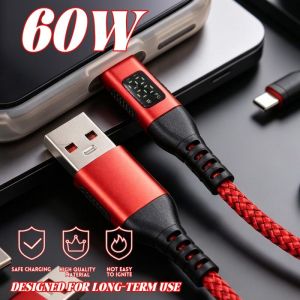 Ultra-Super Fast Charge Cable 60W USB A To Type C Nylon Data Cord For Xiaomi Redmi Samsung With Led Digital Display Cable