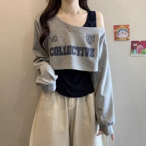 Áo Thun Tay Dài Vai Ngắn Cho Nữ Bộ Đồ Hai Mảnh Áo Hoodie Dây Chuyền Vai Áo Thun Cổ Chữ V in Họa Tiết Thời Trang Thu Đông