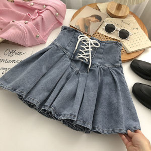 y2k High-waisted Pleated denim Skirt for women Korean summer New Vintage Elastic A-line skirt