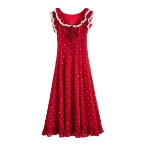 SENWA | French Polka Dot Ruffled Summer Dress Long