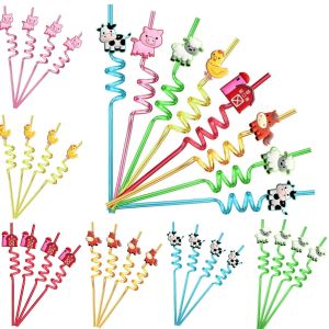 24Pcs Reusable Farm Animal Drinking Straws Set Chicken Sheep Horse Cow Pig Barnyard Theme for Birthday Party Favors Supplies