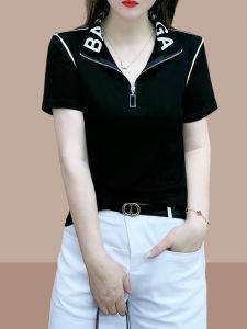 Summer New Womens Pure Cotton Short Sleeve Polo Shirt T-Shirt Flipped Collar Belly Covering Top Fashionable Anti-Aging Ladies Wear