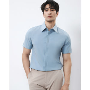 Áo Sơ Mi Nam Tay Ngắn OOKAAK Thiết Kế Sang Trọng Bằng Lụa Băng Cổ Lớn Nút Ẩn Thời Trang Công Sở Chất Liệu Polyester Mùa Hè