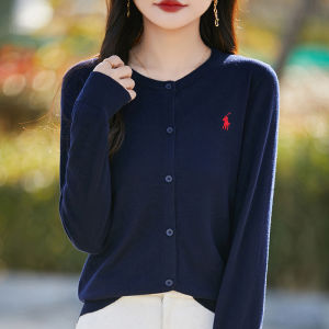 เสื้อคาร์ดิแกนถักคอตั้งแขนยาวถักปักลายม้าทรงหลวมสำหรับผู้หญิง เสื้อคลุมกันหนาวสไตล์อังกฤษ