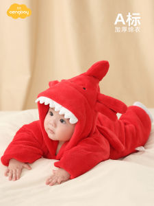 เสื้อผ้าเด็กผ้าฝ้ายหนาสีแดง Aengbay เสื้อผ้าเด็กฤดูหนาว ชุดคลุมศีรษะ แขนยาว ปกตัว หัวเข็มขัดแบบซิปสำหรับเด็กชายและเด็กหญิง