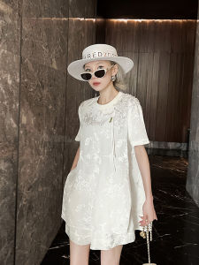 New Chinese Style Womens Summer Outfit Slim Fit T-Shirt Set Two Pieces round Neck Short Sleeve Floral Embroidery Fashionable