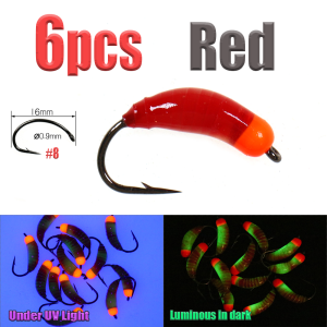 6pcs/7pcs Ice Fishing Luminous&UV Brass Bead Head Caddis Larvae Nymph Fast Sinking Bug Worm Fly Insect Baits Trout Lures Pesca
