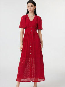 BADINA | Đầm Đỏ V-Neck Mới Kiểu Với Khe Cắt Và Dây Kéo Ẩn