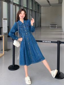 Blue Vintage Denim Long Sleeve Dress Womens Autumn New Style Korean Waist Cinching Slimming French Elegant A-Line Skirt