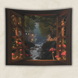 VIKAMA Wooden Window Fairy Tale Cottage Tapestry Dreamy Forest Stream Background Cloth Childrens Room Forest Decoration