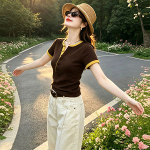 CHOEFULYN | Design Sensational Slim Fit Contrasting Beige Short Sleeve T-Shirt