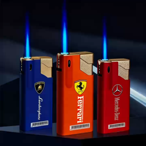 High quality metal windproof lighter Sports car logo lighter Refillable Windproof Lighter Cigarette LighterBlue straight flame
