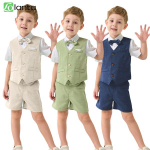 LOlanta 4Pcs Baby Boys Summer Gentleman Suits Short Sleeve Wedding Ring Bearer Outfits Graduation Dress Vest Shirt Bowtie Shorts Set