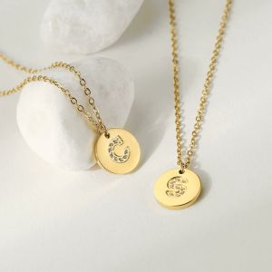 Cute English Letter Initial Necklace 18K Gold Plated Stainless Steel Micro Zircon Round Letter Pendant Necklace for Women