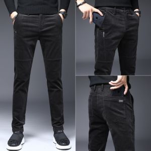 Autumn Winter Mens Slim Fit Corduroy Casual Pants Fashionable Versatile Winter Flannel Long Trousers Warm Elastic Waist