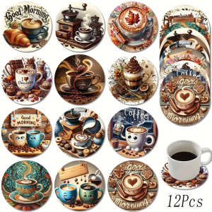 A set of 12pcs coffee enthusiast themed wooden coaster kit without holder can be used directly