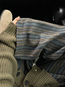 กางเกงขายาวทรงหลวมสบาย ๆ สำหรับผู้หญิง กางเกงขายาวทรงหลวมสไตล์เกาหลี กางเกงขายาวทรงตรงผ้าขนสัตว์ลายทางแนวตั้ง