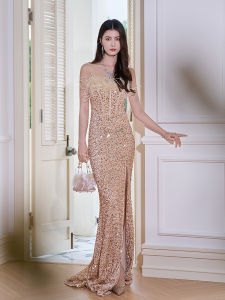 Golden Sequin Evening Dress & Ostrich Feather Fishbone Waist Cinched Bustier Tail Skirt Show Host Year Conference Birthday