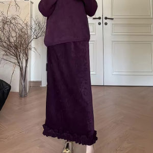 Purple Retro Fashion High Waist Straight Cut Midi Skirt Womens Slimming Skirts Autumn New Style Commute Korean Style