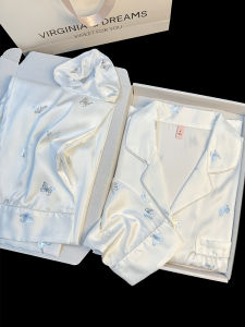 เรียบหรู น้ําแข็งพิมพ์ผีเสื้อสีเงิน ผ้าไหม แขนยาว กางเกง ชุดนอน ชุดสําหรับผู้หญิงเสื้อผ้าบ้านที่สะดวกสบาย ฤดูใบไม้ผลิ ฤดูใบไม้ร่วง สวมใส่