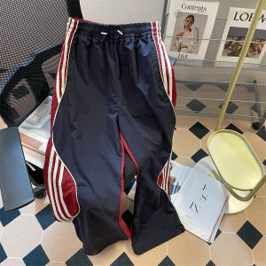 Khối Màu Đường Phố Cao Cấp Mỹ Tiện Ích Ba Sọc Quần Phụ Nữ Mùa Hè Mỏng Thẳng Rộng Rãi Thoải Mái Thể Thao Dây Rút Ống Rộng Quần