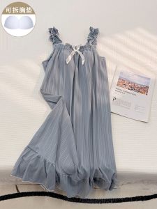 Váy Ngủ Cotton Nguyên Chất Cho Nữ Mùa Hè Đơn Giản Váy Ngủ Dây Đeo Ngực Có Đệm Váy Ngắn Màu Trơn Xanh Lam Mặc Ở Nhà