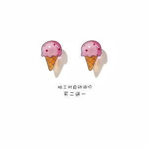 Summer Cartoon Young Girl Ice-Cream Cone Ice Cream S925 Sterling Silver Stud Earrings Sweet Cute Refreshing Non-Piercing Ear Clip Women