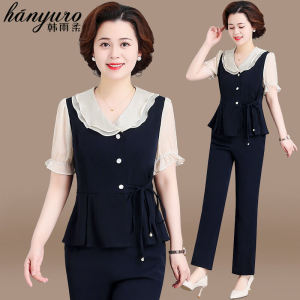 ชุดแฟชั่นผู้หญิงวัยกลางคน ฤดูร้อน 2024 ชุดเสื้อแขนสั้นผ้าชีฟอง ชุดสองชิ้น สไตล์เกาหลี ทรงหลวม คอโปโล