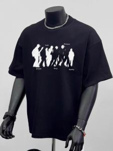 Summer Heavyweight 300g Pure Cotton American Retro Black Silhouette Short Sleeve Loose Peach T-Shirt round Neck Half Sleeve