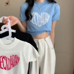 เสื้อยืดแขนสั้นไหมพรม คอกลมลายพิมพ์ทรงหัวใจ สีพาสเทลน่ารักๆ 66050