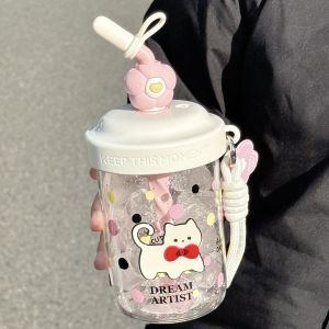 Cốc Nhựa Chống Rơi Có Ống Hút Dễ Thương Cho Nữ 580ml Cốc Đựng Nước Di Động Có Nắp Đựng Đồ Dùng Ăn Uống Phổ Thông