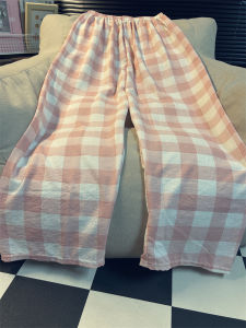 ยาวพิเศษ ลำลอง ลายสก็อต น้ำหนักเบา ฤดูร้อน บ้าน กางเกง หลวม พอดีสบาย ชุดนอน สําหรับผู้หญิง หวาน สไตล์เอวกลาง ยืดได้ สายรัดเอว