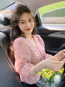 PAIBOLI | Elegant Pink Floral Print Short Shirt V-Neck Bubble Sleeve Womens Summer Fashion Korean Style Commute Wind Blouse Top