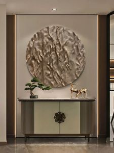 New Chinese Style Relief Decorative Painting Sandstone Texture Large round Wall Art for Living Room Bedroom Entrance
