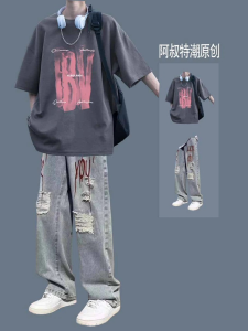 American Style Pure Cotton Short Sleeve T-Shirt Set for Teenage Boys Summer Fashionable Casual Wear Breathable round Neck