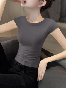 เสื้อยืดคอกลมแขนสั้นทรงสลิมฟิตสำหรับผู้หญิงในช่วงฤดูร้อนปี 2025 เสื้อแขนสั้นทรงสลิมฟิตเอวเข้ารูปบางๆ แฟชั่นเสื้อผ้าทำงานสไตล์เกาหลี