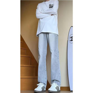 กางเกงยีนส์ทรงตรงเอวกลางสำหรับผู้ชาย สีเทาบุหรี่ กางเกงขายาวทรงสลิมฟิต สไตล์ย้อนยุค สไตล์อเมริกัน กางเกงขายาวทรงตรงสำหรับฤดูใบไม้ร่วง/ฤดูหนาว