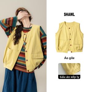 SHANGWEILUO | Bộ Đồ Công Sở Vải Cói Dây Sọc Vàng Áo Tay Dài Quần Ống Rộng